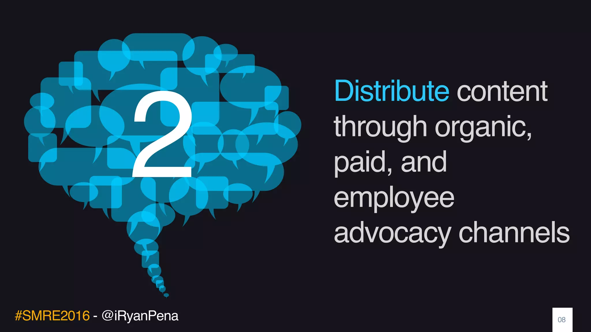 #SMRE2016 - @iRyanPena
Distribute content
through organic,
paid, and
employee
advocacy channels
08
2
 
