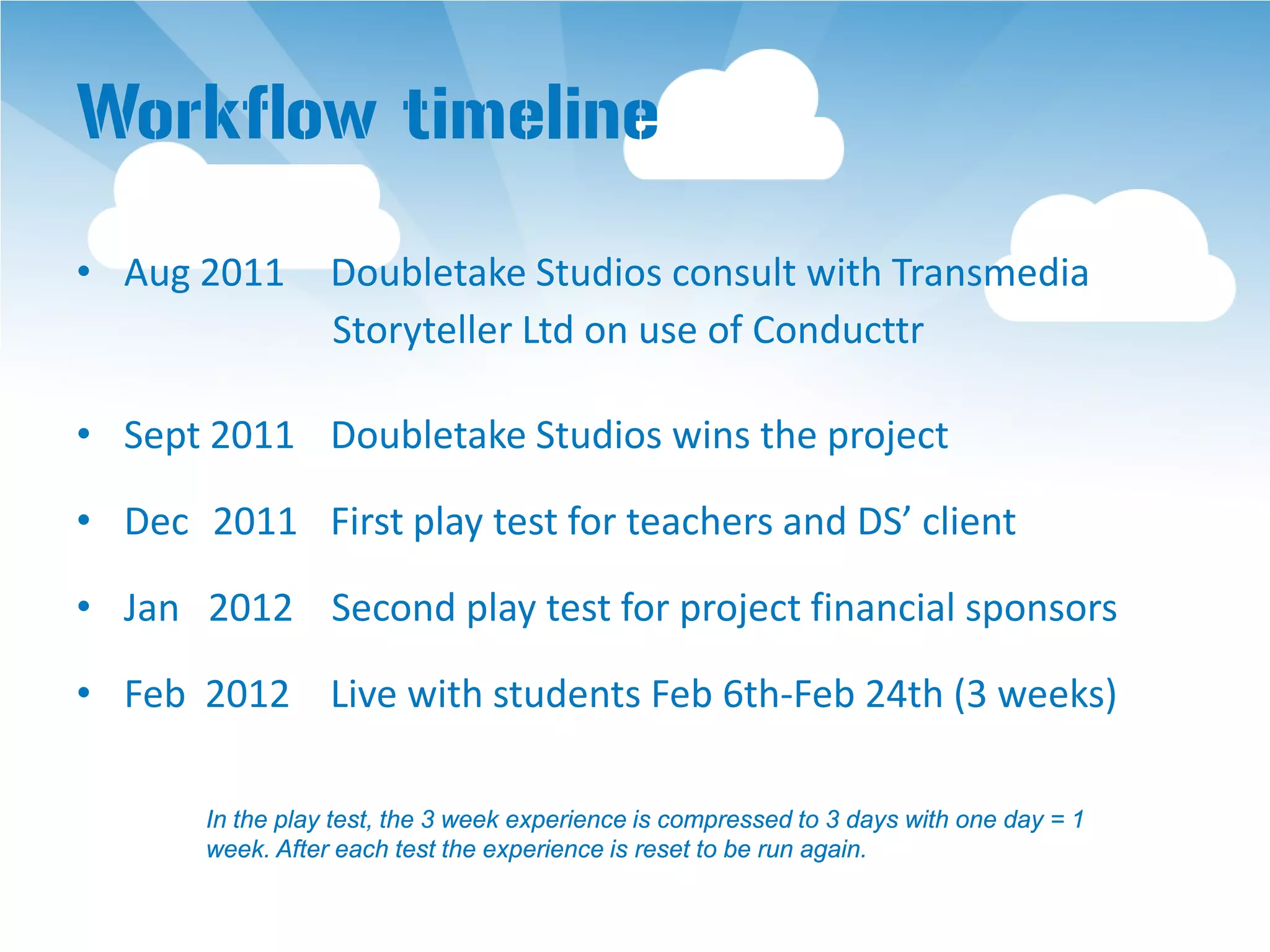 Workflow timeline
• Aug 2011        Doubletake Studios consult with Transmedia
                  Storyteller Ltd on use of Conducttr

• Sept 2011 Doubletake Studios wins the project

• Dec 2011 First play test for teachers and DS’ client

• Jan 2012 Second play test for project financial sponsors

• Feb 2012 Live with students Feb 6th-Feb 24th (3 weeks)

       In the play test, the 3 week experience is compressed to 3 days with one day = 1
       week. After each test the experience is reset to be run again.
 
