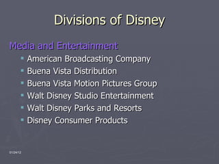 Divisions of Disney Media and Entertainment   American Broadcasting Company Buena Vista Distribution Buena Vista Motion Pictures Group Walt Disney Studio Entertainment Walt Disney Parks and Resorts Disney Consumer Products  