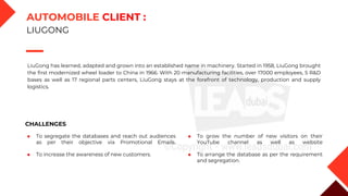 LiuGong has learned, adapted and grown into an established name in machinery. Started in 1958, LiuGong brought
the first modernized wheel loader to China in 1966. With 20 manufacturing facilities, over 17000 employees, 5 R&D
bases as well as 17 regional parts centers, LiuGong stays at the forefront of technology, production and supply
logistics.
CHALLENGES
◆ To segregate the databases and reach out audiences
as per their objective via Promotional Emails.
◆ To increase the awareness of new customers.
◆ To grow the number of new visitors on their
YouTube channel as well as website
◆ To arrange the database as per the requirement
and segregation.
AUTOMOBILE CLIENT :
LIUGONG
 