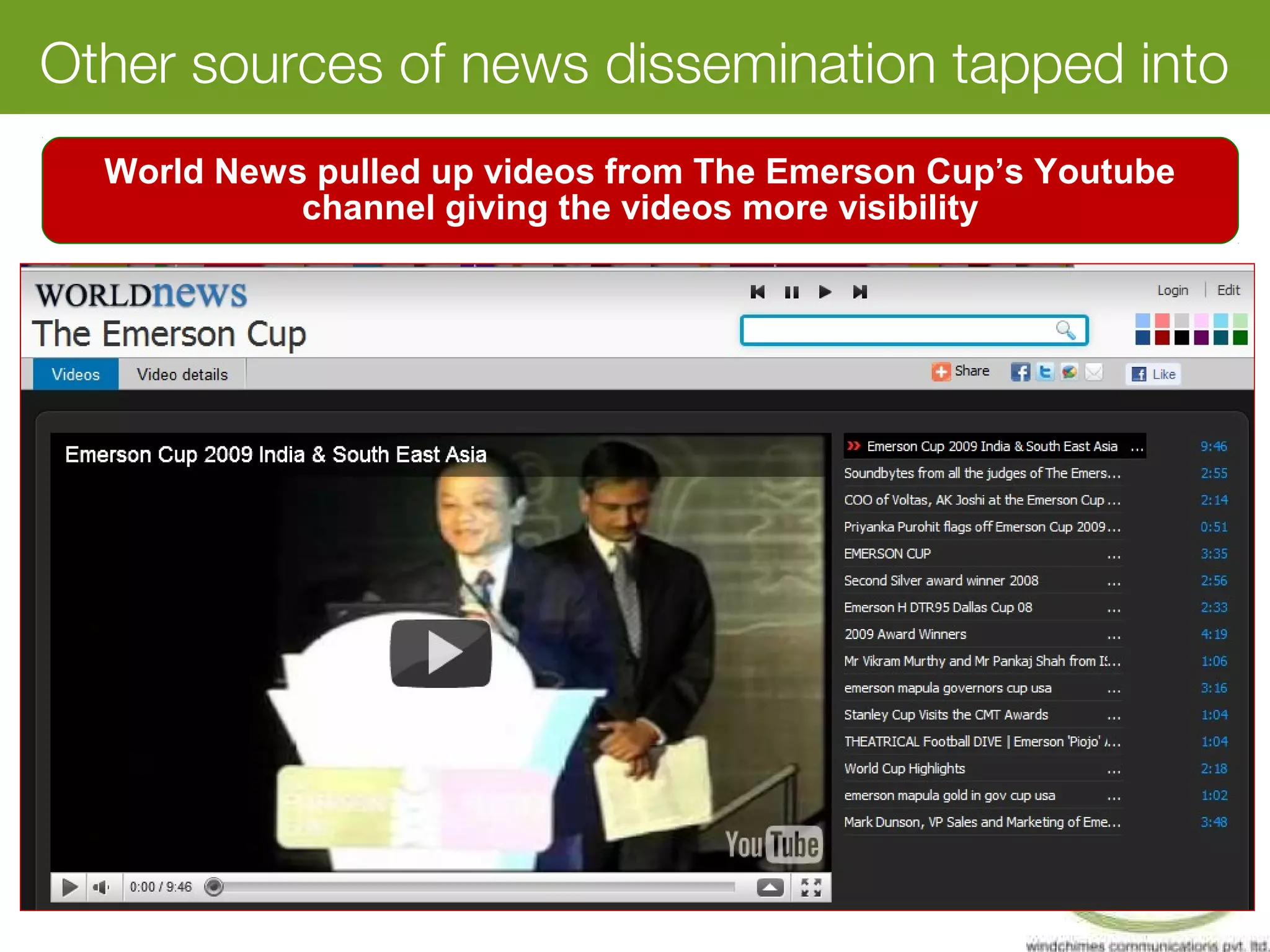 Other sources of news dissemination tapped into
World News pulled up videos from The Emerson Cup’s Youtube
channel giving the videos more visibility
 