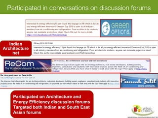 Participated in conversations on discussion forums
Indian
Architecture
net
Participated on Architecture and
Energy Efficiency discussion forums
Targeted both Indian and South East
Asian forums
 