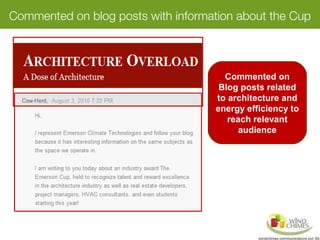 Commented on blog posts with information about the Cup
Commented on
Blog posts related
to architecture and
energy efficiency to
reach relevant
audience
 