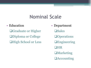 Nominal Scale<br />Education<br /><ul><li>Graduate or Higher
