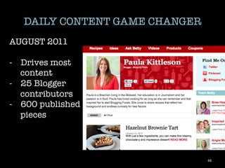 DAILY CONTENT GAME CHANGER
AUGUST 2011

-  Drives most
   content
-  25 Blogger
   contributors
-  600 published
   pieces




                                 66	
 
 