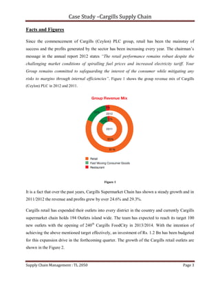 Case Study –Cargills Supply Chain

Facts and Figures

Since the commencement of Cargills (Ceylon) PLC group, retail has been the mainstay of
success and the profits generated by the sector has been increasing every year. The chairman’s
message in the annual report 2012 states “The retail performance remains robust despite the
challenging market conditions of spiralling fuel prices and increased electricity tariff. Your
Group remains committed to safeguarding the interest of the consumer while mitigating any
risks to margins through internal efficiencies”. Figure 1 shows the group revenue mix of Cargills
(Ceylon) PLC in 2012 and 2011.




                                              Figure 1


It is a fact that over the past years, Cargills Supermarket Chain has shown a steady growth and in
2011/2012 the revenue and profits grew by over 24.6% and 29.3%.

Cargills retail has expended their outlets into every district in the country and currently Cargills
supermarket chain holds 194 Outlets island wide. The team has expected to reach its target 100
new outlets with the opening of 240th Cargills FoodCity in 2013/2014. With the intention of
achieving the above mentioned target effectively, an investment of Rs. 1.2 Bn has been budgeted
for this expansion drive in the forthcoming quarter. The growth of the Cargills retail outlets are
shown in the Figure 2.



Supply Chain Management : TL 2050                                                            Page 3
 