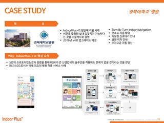 10PEOPLE & TECHNOLOGY © 2016 PEOPLE&TECHNOLOGY All Rights Reserved.
경북대학교 병원
개 요
 IndoorPlus+의 첫번째 적용 사례
 비콘을 활용한 실내 길찾기가 가능하다
는 것을 기술적으로 증명
 2016년 v4로 업그레이드 예정
 Turn By Turn Indoor Navigation
 번호표 자동 발급
 지능형 진료대기 안내
 병원 위치 안내
 주차요금 자동 정산
Why IndoorPlus+? & 핵심 요약
 5번의 프로토타입&결과 증명을 통해 RISK가 큰 신생업체의 솔루션을 적용해도 문제가 없을 것이라는 것을 판단
 BLE4.0으로서는 국내 최초의 병원 적용 서비스 사례
 