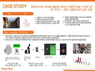 9PEOPLE & TECHNOLOGY © 2016 PEOPLE&TECHNOLOGY All Rights Reserved.
위챗과 비콘 센서를 활용한 중국인 관광객 대상 스마트 관
광 가이드 – 북촌 사물인터넷 실증 사업
개 요
Why IndoorPlus+? & 핵심 요약
 사용자 수 10억의 위챗 활용
 위챗과 비콘 센서와의 연계
 별도의 앱 다운로드 없이 서비스 제공
 중국인 관광객 타겟의 IoT 실증 사업
 위챗이 중국인을 학습 시킨 Shake(흔들기)
사용자 경험에 최적화
 앱 다운로드, 배포, 확산의 어려움 극복
 기 축적된 다량의 외국인 관광객 대상 콘텐
츠 소비 전달 통로 최적화
 중국의 현지 기술 파트너와의 협력 및 제휴를 통하여 위챗의 방대한 여러 서비스 API들을 활용하여 , 어플리케이션에 포함된 SDK없이도 ,
순수 HTML5 기반에서도 정밀도 높은 위치 기반 서비스가 제공 가능하다는 것을 증명
 IndoorPlus+의 정밀 위치 측위라는 핵심 기술력을 유지하면서도 위챗의 흔들기(Shake) 기능과의 연계 기술에 대한 실증을 증명.
2)관광 중 포
스터(스티커)
확인
1)북촌 가게 & 관광앆내소
등에 비콘 및 포스터(스티커)
부착
3)흔들기 4)쿠폰(정보) 수
령
5)사용
비콘 센서 연동
위챗 플랫폼 연계 기술
지자체 관광 홗성화
지역 소상공인 마케팅
중국인의 O2O 서비스
사용자 경험 최적화
 