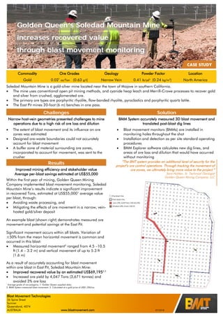 Blast Movement Technologies
26 Spine Street
Sumner
Queensland, 4074
AUSTRALIA www.blastmovement.com 07/2018
Golden Queen’s Soledad Mountain Mine
increases recovered value
through blast movement monitoring
Commodity Ore Grades Geology Powder Factor Location
Gold 0.02*
oz/Ton (0.63 g/t) Narrow Vein 0.41 lb/yd3
(0.24 kg/m3
) North America
Soledad Mountain Mine is a gold-silver mine located near the town of Mojave in southern California.
• The mine uses conventional open pit mining methods, and cyanide heap leach and Merrill-Crowe processes to recover gold
and silver from crushed, agglomerated ore.
• The primary ore types are porphyritic rhyolite, flow-banded rhyolite, pyroclastics and porphyritic quartz latite.
• The East Pit mines 20-foot (6 m) benches in one pass.
Challenges Solution
Narrow host-vein geometries presented challenges to mine
operations due to a high risk of ore loss and dilution
BMM System accurately measured 3D blast movement and
translated post-blast dig lines
• The extent of blast movement and its influence on ore
zones was estimated
• Designed ore-waste boundaries could not accurately
account for blast movement
• A buffer zone of material surrounding ore zones,
incorporated to account for movement, was sent to the
crusher
• Blast movement monitors (BMMs) are installed in
monitoring holes throughout the shot
• Installation and detection as per site standard operating
procedures
• BMM Explorer software calculates new dig lines, and
areas of ore loss and dilution that would have occurred
without monitoring
Results
Improved mining efficiency and stakeholder value
Average per-blast savings estimated at US$55,000
Within the first year of mining, Golden Queen Mining
Company implemented blast movement monitoring. Soledad
Mountain Mine’s results indicate a significant improvement
in recovered Tons, estimated at US$55,0001
average value
per blast, through:
• Avoiding waste processing, and
• Mitigating the effects of ore movement in a narrow, vein-
hosted gold/silver deposit
An example blast (shown right) demonstrates measured ore
movement and potential savings at the East Pit.
Significant movement occurs within all blasts. Variation of
±50% from the mean horizontal movement is common and
occurred in this blast:
• Measured horizontal movement2
ranged from 4.5 –10.5
ft (1.4 – 3.2 m) and vertical movement of up to 5.3 ft
(1.6 m)
As a result of accurately accounting for blast movement
within one blast in East Pit, Soledad Mountain Mine:
• Improved recovered value by an estimated US$69,1952,3
• Increased ore yield by 4,047 Tons (3,671 tonnes) and
avoided 3% ore loss
*
Average grade of ore polygons; 1. Golden Queen supplied data;
2. BMM System-measured blast movement; 3. Calculated at a gold price of US$1,350/oz.
“The BMT system provides an additional level of security for the
project’s ore control operations. Through tracking the movement of
ore zones, we ultimately bring more value to the project.”
Sara Holden, Sr. Technical Geologist
Golden Queen Mining Company, LLC
 