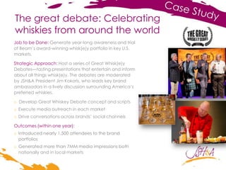 The great debate: Celebrating
whiskies from around the world
Job to be Done: Generate year-long awareness and trial
of Beam’s award-winning whisk(e)y portfolio in key U.S.
markets.
Strategic Approach: Host a series of Great Whisk(e)y
Debates—tasting presentations that entertain and inform
about all things whisk(e)y. The debates are moderated
by JSH&A President Jim Kokoris, who leads key brand
ambassadors in a lively discussion surrounding America’s
preferred whiskies.
o Develop Great Whiskey Debate concept and scripts
o Execute media outreach in each market
o Drive conversations across brands’ social channels
Outcomes (within one year):
o Introduced nearly 1,500 attendees to the brand
portfolios
o Generated more than 7MM media impressions both
nationally and in local markets
 