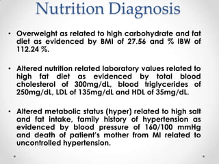 Nutrition Diagnosis

• Inadequate mineral intake (Potassium and
  Calcium) related to low dietary intake as
  evidenced by...