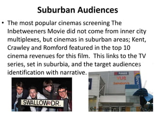 Suburban Audiences
• The most popular cinemas screening The
Inbetweeners Movie did not come from inner city
multiplexes, but cinemas in suburban areas; Kent,
Crawley and Romford featured in the top 10
cinema revenues for this film. This links to the TV
series, set in suburbia, and the target audiences
identification with narrative.
 