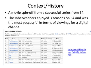 Context/History
• A movie spin-off from a successful series from E4.
• The Inbetweeners enjoyed 3 seasons on E4 and was
the most successful in terms of viewings for a digital
channel
http://en.wikipedia
.org/wiki/E4_(chan
nel)
 