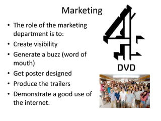 Marketing
• The role of the marketing
  department is to:
• Create visibility
• Generate a buzz (word of
  mouth)
• Get poster designed
• Produce the trailers
• Demonstrate a good use of
  the internet.
 