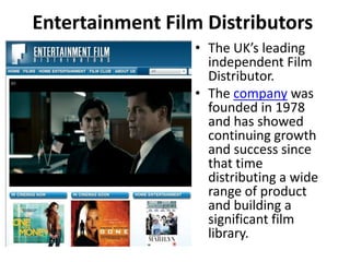 Entertainment Film Distributors
                 • The UK’s leading
                   independent Film
                   Distributor.
                 • The company was
                   founded in 1978
                   and has showed
                   continuing growth
                   and success since
                   that time
                   distributing a wide
                   range of product
                   and building a
                   significant film
                   library.
 