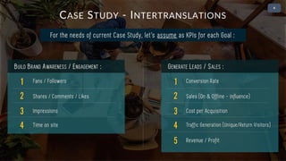• 2
For the needs of current Case Study, let’s assume as KPIs for each Goal :
CASE STUDY - INTERTRANSLATIONS
1 Fans / Followers
BUILD BRAND AWARENESS / ENGAGEMENT :
2 Shares / Comments / Likes
3 Impressions
4 Time on site
1 Conversion Rate
GENERATE LEADS / SALES :
2 Sales (On & Offline - influence)
3 Cost per Acquisition
4 Traffic Generation (Unique/Return Visitors)
5 Revenue / Profit
 