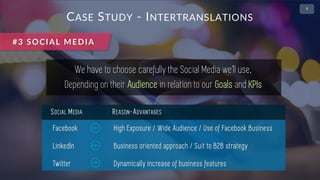 • 2
CASE STUDY - INTERTRANSLATIONS
We have to choose carefully the Social Media we’ll use,
Depending on their Audience in relation to our Goals and KPIs
SOCIAL MEDIA
Facebook
LinkedIn
Twitter
REASON-ADVANTAGES
High Exposure / Wide Audience / Use of Facebook Business
Business oriented approach / Suit to B2B strategy
Dynamically increase of business features
#3 SOCIAL MEDIA
 