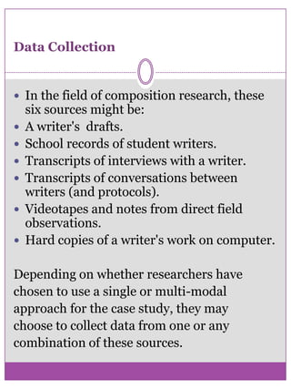 Critical Instant Case StudyThis method is useful for answering cause and effect questions. After considering the different sub categories of case study and identifying a theoretical perspective, researchers can begin to design their study.Research design is collected and the conclusions are drawn to the initial questions of the study. Typically, research designs deal with at least four problems: 