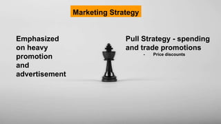 Marketing Strategy
Emphasized
on heavy
promotion
and
advertisement
Pull Strategy - spending
and trade promotions
- Price discounts
 
