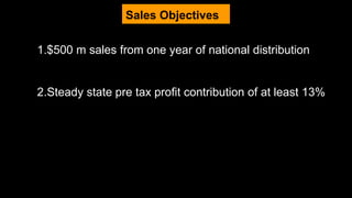 Sales Objectives
1.$500 m sales from one year of national distribution
2.Steady state pre tax profit contribution of at least 13%
 