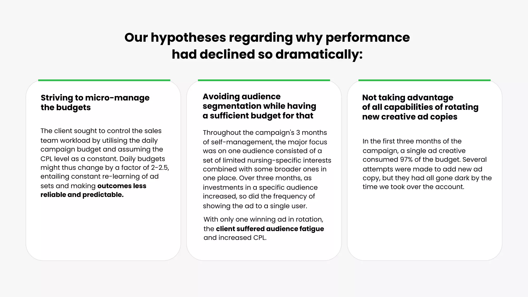 Our hypotheses regarding why performance
had declined so dramatically:
Striving to micro-manage
the budgets
The client sought to control the sales
team workload by utilising the daily
campaign budget and assuming the
CPL level as a constant. Daily budgets
might thus change by a factor of 2-2.5,
entailing constant re-learning of ad
sets and making outcomes less
reliable and predictable.
Avoiding audience
segmentation while having
a sufficient budget for that
Not taking advantage
of all capabilities of rotating
new creative ad copies
Throughout the campaign's 3 months
of self-management, the major focus
was on one audience consisted of a
set of limited nursing-specific interests
combined with some broader ones in
one place. Over three months, as
investments in a specific audience
increased, so did the frequency of
showing the ad to a single user.
In the first three months of the
campaign, a single ad creative
consumed 97% of the budget. Several
attempts were made to add new ad
copy, but they had all gone dark by the
time we took over the account.
With only one winning ad in rotation,
the client suffered audience fatigue
and increased CPL.
 