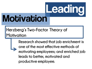 LeadingMotivationHerzberg’s Two-Factor Theory of Motivation 
Research showed that job enrichment is one of the most effective methods of motivating employees; and enriched job leads to better, motivated and productive employee.  