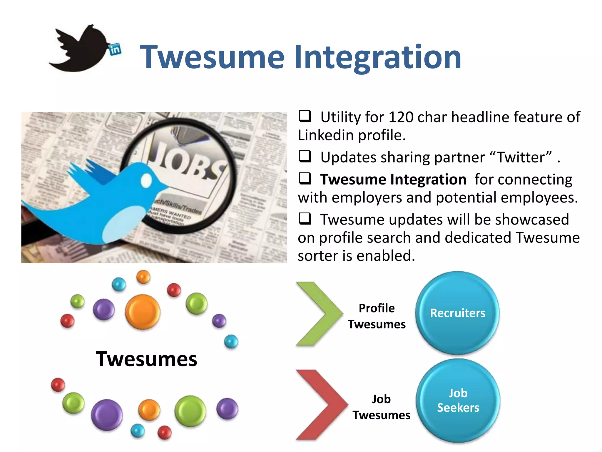 Twesume Integration
             Utility for 120 char headline feature of
            Linkedin profile.
             Updates sharing partner “Twitter” .
             Twesume Integration for connecting
            with employers and potential employees.
             Twesume updates will be showcased
            on profile search and dedicated Twesume
            sorter is enabled.


                    Profile    Recruiters
                   Twesumes

Twesumes
                       Job        Job
                                Seekers
                    Twesumes
 