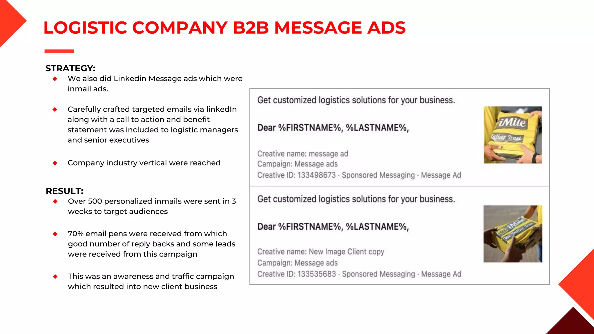 LOGISTIC COMPANY B2B MESSAGE ADS
STRATEGY:
◆ We also did Linkedin Message ads which were
inmail ads.
◆ Carefully crafted targeted emails via linkedIn
along with a call to action and benefit
statement was included to logistic managers
and senior executives
◆ Company industry vertical were reached
RESULT:
◆ Over 500 personalized inmails were sent in 3
weeks to target audiences
◆ 70% email pens were received from which
good number of reply backs and some leads
were received from this campaign
◆ This was an awareness and traffic campaign
which resulted into new client business
 