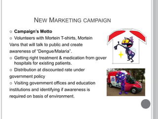 NEW MARKETING CAMPAIGN
 Campaign’s Motto
 Volunteers with Mortein T-shirts, Mortein
Vans that will talk to public and create
awareness of “Dengue/Malaria”.
 Getting right treatment & medication from government
hospitals for existing patients.
 Distribution at discounted rate under
government policy
 Visiting government offices and education
institutions and identifying if awareness is
required on basis of environment.
 