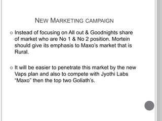 NEW MARKETING CAMPAIGN
 Instead of focusing on All out & Goodnights share
of market who are No 1 & No 2 position. Mortein
should give its emphasis to Maxo’s market that is
Rural.
 It will be easier to penetrate this market by the new
Vaps plan and also to compete with Jyothi Labs
“Maxo” then the top two Goliath’s.
 