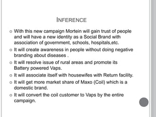 INFERENCE
 With this new campaign Mortein will gain trust of people
and will have a new identity as a Social Brand with
association of government, schools, hospitals,etc.
 It will create awareness in people without doing negative
branding about diseases .
 It will resolve issue of rural areas and promote its
Battery powered Vaps.
 It will associate itself with housewifes with Return facility.
 It will get more market share of Maxo (Coil) which is a
domestic brand.
 It will convert the coil customer to Vaps by the entire
campaign.
 