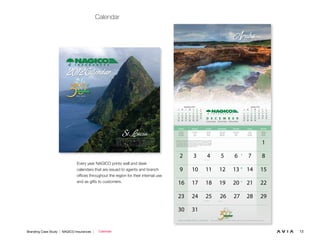 13Branding Case Study | NAGICO Insurances | Calendar
Calendar
Every year NAGICO prints wall and desk
calendars that are issued to agents and branch
offices throughout the region for their internal use
and as gifts to customers.
Sunday
Zondag
Domingo
Dimanche
Monday
Maandag
Lunes
Lundi
Tuesday
Dinsdag
Martes
Mardi
Wednesday
Woensdag
Miércoles
Mercredi
Thursday
Donderdag
Jueves
Jeudi
Friday
Vrijdag
Viernes
Vendredi
Saturday
Zaterdag
Sábado
Samedi
Serving 15 Caribbean Territories... and Growing! NAGICO Head Oﬃce • NAGICO Building • C.A. Cannegieter St. • Philipsburg • St. Maarten • T: (721) 542-2739 • F: (721) 542-4309 • info@nagico.com • nagico.com
D E C E M B E R
December Diciembre Décembre
1
2 3 4 5 6 7 8
9 10 11 12 13 14 15
16 17 18 19 20 21 22
Aruba’s dry climate has attracted visitors who seek warm, sunny weather.
The island is home to the famous Divi Divi- or watapana-tree, with
its windswept branches always pointing Southwest. It was originally
imported from Africa, but has since become the National symbol in Aruba.
NAGICO entered the Aruba market in 2003.
30 31
23 24 25 26 27 28 29
25 26 3027 28 29
S SM FT W T
321
4 105 96 7 8
11 1712 1613 14 15
18 2419 2320 21 22
November 2012
27 28 29 30
S SM FT W T
541 2 3
6 127 118 9 10
13 1914 1815 16 17
20 2621 2522 23 24
January 2013
Oﬃce • NAGICO Building • C A Cannegieter St • Philipsbu
th
1 9 8 2 - 2 0 1 2
A N N I V E R S A R Y
Saba Day (Saba)
Christmas Day Boxing Day
Aruba
1 9 8 2 - 2 0 1 2
A N N I V E R S A R Y
St. Lucia
The Pitons, St. Lucia’s iconic twin peaks, dramatically rise from the
Caribbean Sea to greet visitors and residents alike. This lush, tropical
island has been the home to two Nobel Laureates: Sir William
Arthur Lewis – Economics – 1979, and Hon. Derek Alton Walcott – Literature –
1992. NAGICO opened its ﬁrst St. Lucia oﬃce in September 2011.
2012 Calendar
 