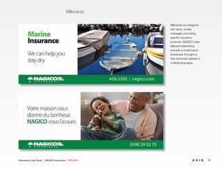 14Advertising Case Study | NAGICO Insurances | Billboards
Billboards
Billboards are designed
with short, simple
messages promoting
specific insurance
products. NAGICO uses
billboard advertising
primarily to build brand
awareness throughout
their territorial markets in
multiple languages.
 