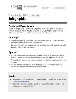 Case Study | NBC Universal
Infographic

Goals and Expectations
Create an engaging and shareable infographic around the topic of “Reuse” in
order to illustrate the results of a consumer survey, highlight NBCUniversal's
internal reuse activities, and inspire consumers to actively reuse.


Challenge
• Create a compelling story out of raw consumer survey data, consumer reuse
  examples and disparate internal reuse stats
• Communicate all 3 key messages of the story in one visually appealing graphic
  while adhering to brand standards


Approach
• Through analyzing the research and data we were able to develop an overall
  story of “Reuse” and cover key messages of Educate, Example and Action
• The wireframe process laid out the placement of the statistics to support each
  message
• A color scheme and graphics were then applied to enhance the data and
  visually enhance the communication of messages




Results
 • Distributed by NBCUniversal during earth week, including placement on the
   Green is Universal Blog
 • Helped consumers realize the growth of reuse and illustrate how they can
   participate in reuse activities
 