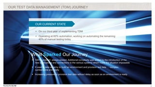6
OUR TEST DATA MANAGEMENT (TDM) JOURNEY
OUR CURRENT STATE
 On our third year of implementing TDM
 Operating at 60% automation, working on automating the remaining
40% of manual testing today
What Sparked Our Journey
 ‘DATA problem’ always existed. Additional complexity was added by the introduction of the
new applications and connections to the various systems which made the situation impossible
 It used to take an army to build an environment and provision test data … complex,
cumbersome and costly
 Increasing pressure to provision test data without delay as soon as an environment is ready
 