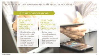 9
HOW CA TEST DATA MANAGER HELPS US ALONG OUR JOURNEY
FUTURE CONSIDERATIONS:
SYNTHETIC
DATA
GENERATION
AND TEST
MATCHING
TEST CASE
DESIGN,
AUTOMATION
AND
OPTIMIZATION
 Create richer sets
of production-like
test data, without
the sensitive
content, from
scratch based on
our data model
 Define clear
requirements and
automatically
generate optimized
sets of test cases
and test data
 