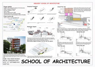 NAME : PAUL NICKY WASENA
REG NO : EAAM/00031/2021
SHEET NO :
SCHOOL OF ARCHITECTURE
DATE : 12TH SEPTEMBER 2023
CRESCENT SCHOOL OF ARCHITECTURE
Project details
Project Title: Crescent School of Architecture
Client: Crescent University
Location: Vandalur, India
Area: 1114m²
Year of construction: 2019
Architectural firm: architecture RED
Lead Architects: Biju Kuriakose, Kishore Panikkar
Address: Vandalur, Tamil Nadu 600048, India
Project location map
Ground floor plan
First floor plan
Unique to the ground floor is; material exhibition space, workshops, staffroom, break out
spaces- are used by learners to take a break or work in a more relaxed and informal setting,
multipurpose halls, an undergraduate (UG) studio room and model making workshops.
A seven story building that envisions a design two-fold in
nature, both extroverted and introverted. An architecture
school requires spaces that allows its users to work in multiple
ways.
Conceptual Framework
Masterplan diagram
Relationship diagram between the form and the spaces
There are two axis that lead to the building, the main one from the
major access road and the other from the faculty of life sciences.
Second floor plan
Third floor plan Fourth floor plan
The school of architecture sits in the middle of the spatial arrangement
with closest proximity to the student center. There are access paths that
allow students to walk in and out of different faculties.
Studios and exhibition spaces have been given
the most floor area and are the major rooms
within the building. The art studios and lecture
halls are in close proximity with shared areas
closet to the entrance ways.
Note inclusion of handicapped toilets on every floor
alongside normal toilets meaning that the floors are
all inclusive as the lift can be used alternatively with
the staircases.
The second floor has: HVAC unit, UPS and battery
rooms (used to store uninterruptable power supply
systems and batteries for the computer labs)
 
