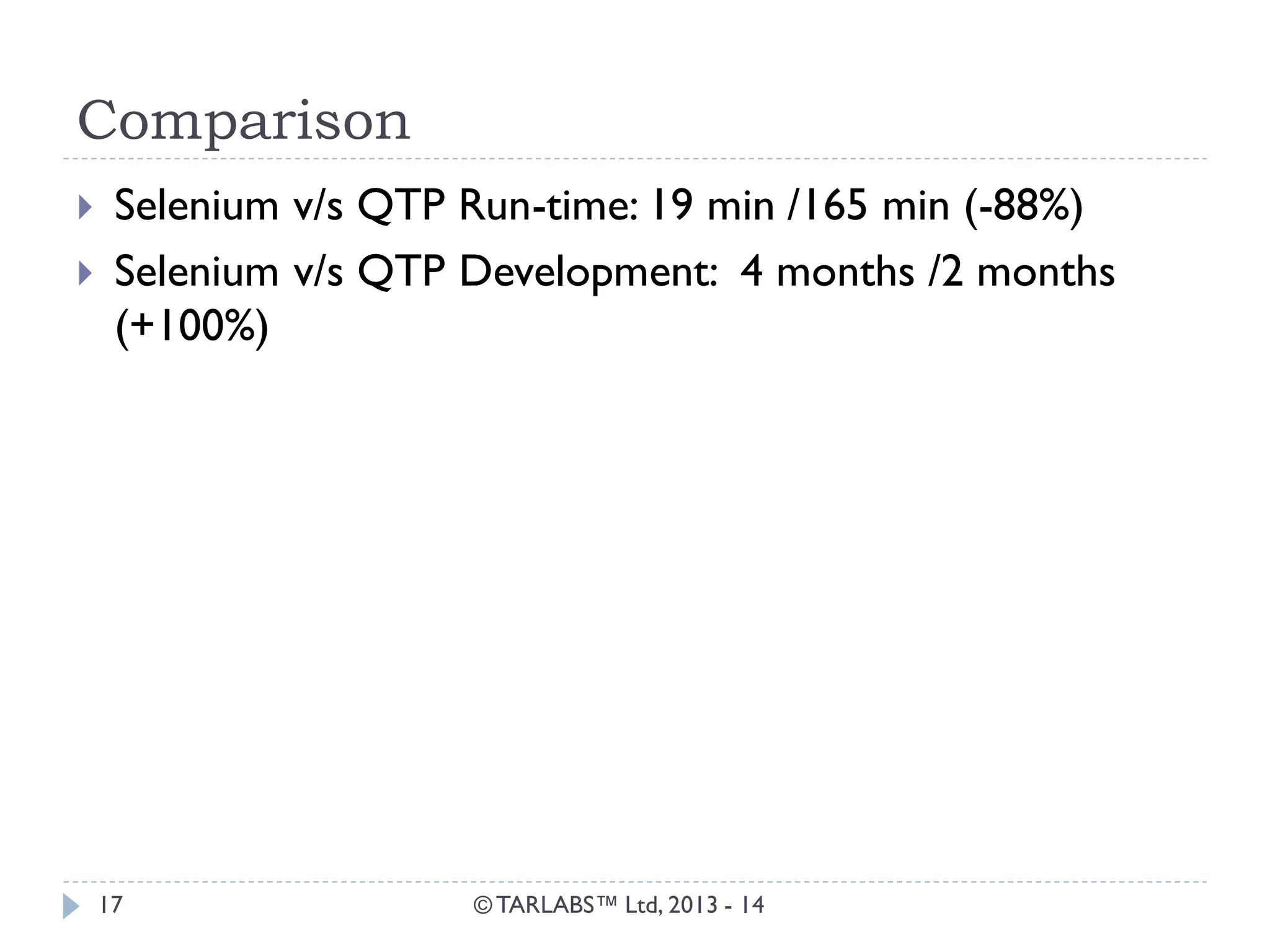 Comparison 
© TARLABS™ Ltd, 2013 - 14 
17 
Selenium v/s QTP Run-time: 19 min /165 min (-88%) 
Selenium v/s QTP Development: 4 months /2 months (+100%)  