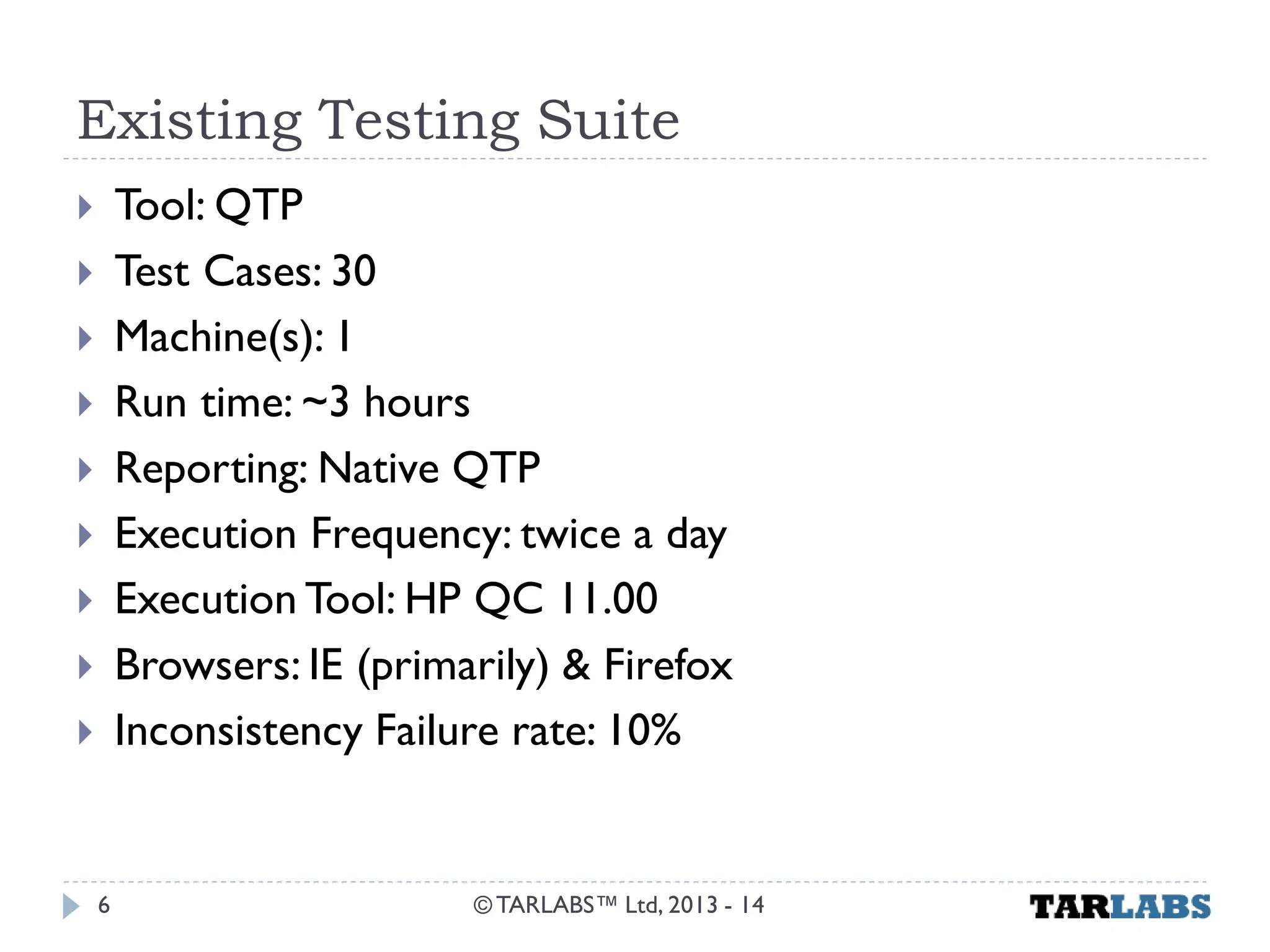 Existing Testing Suite 
Tool: QTP 
Test Cases: 30 
Machine(s): 1 
Run time: ~3 hours 
Reporting: Native QTP 
Execution Frequency: twice a day 
Execution Tool: HP QC 11.00 
Browsers: IE (primarily) & Firefox 
Inconsistency Failure rate: 10% 
© TARLABS™ Ltd, 2013 - 14 
6  