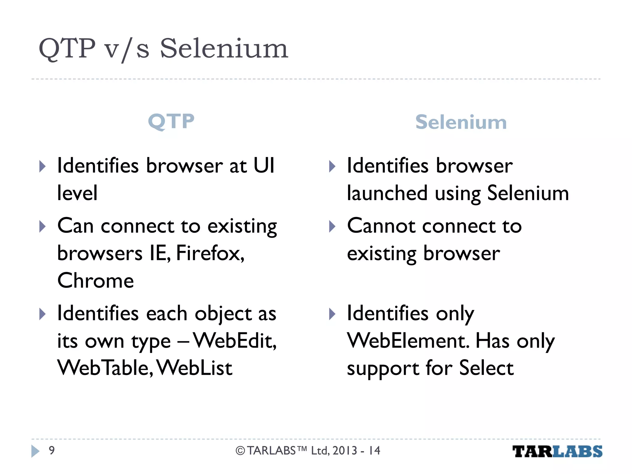 QTP v/s Selenium 
QTP 
Selenium 
Identifies browser at UI level 
Can connect to existing browsers IE, Firefox, Chrome 
Identifies each object as its own type – WebEdit, WebTable, WebList 
Identifies browser launched using Selenium 
Cannot connect to existing browser 
Identifies only WebElement. Has only support for Select 
© TARLABS™ Ltd, 2013 - 14 
9  
