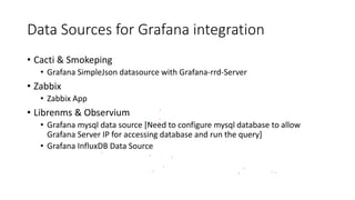 Data Sources for Grafana integration
• Cacti & Smokeping
• Grafana SimpleJson datasource with Grafana-rrd-Server
• Zabbix
...