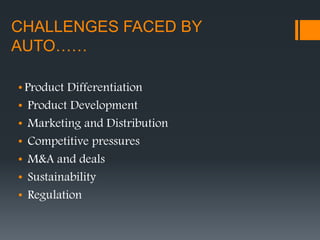 CHALLENGES FACED BY
AUTO……
• Product Differentiation
• Product Development
• Marketing and Distribution
• Competitive pressures
• M&A and deals
• Sustainability
• Regulation
 