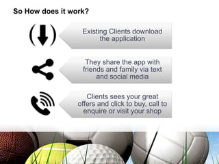 So How does it work?
Existing Clients download
the application
They share the app with
friends and family via text
and social media
Clients sees your great
offers and click to buy, call to
enquire or visit your shop
 
