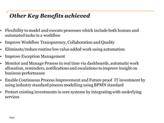 Benefits Realisation
• 75% increase in employee productivity. Fewer errors and reduced
cost
• Automatic validation of Receipting SOPs
Reduce Cycle
Time
• Automation and Streamlining of end-to-end Accounting Process.
• Automatic routing to supervisors for approval.
• Business Logic written in Drools spreadsheets for business logic
segregation and faster deployments.
• Escalation of Invoices which crossed due date.
Improve
Productivity
• Manage process in real time via, automatic work allocation,
reminders, notifications and escalations to improve visibility of the
business processes
• 100% liability tracking and process transparency.
Enable
holistic view
of Process
• Existing investments in core systems have been protected by
gradually integrating with underlying services
Quick go-to-
market
• Monitor process KPIs in real time via dashboards to improve
visibility and insight on business performance
• Ability to analyze data to make critical financial decisions.
Monitor
Performance
ContinuousImprovement
 
