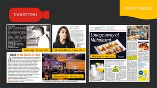 TARGETING
PRINT MEDIA
Mid-day: 13 Feb, 2015
Mumbai Mirror: 9 May, 2015Asian Age: 29 May, 2015
Afternoon DC: 29 May, 2015
 