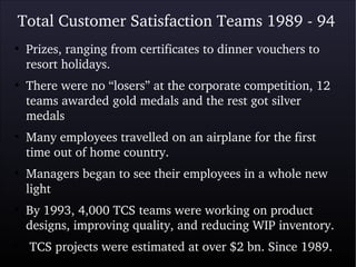 Total Customer Satisfaction Teams 1989 ­ 94
●
Prizes, ranging from certificates to dinner vouchers to 
resort holidays.
●
There were no “losers” at the corporate competition, 12 
teams awarded gold medals and the rest got silver 
medals
●
Many employees travelled on an airplane for the first 
time out of home country.
●
Managers began to see their employees in a whole new 
light
●
By 1993, 4,000 TCS teams were working on product 
designs, improving quality, and reducing WIP inventory.
●
 TCS projects were estimated at over $2 bn. Since 1989.
 