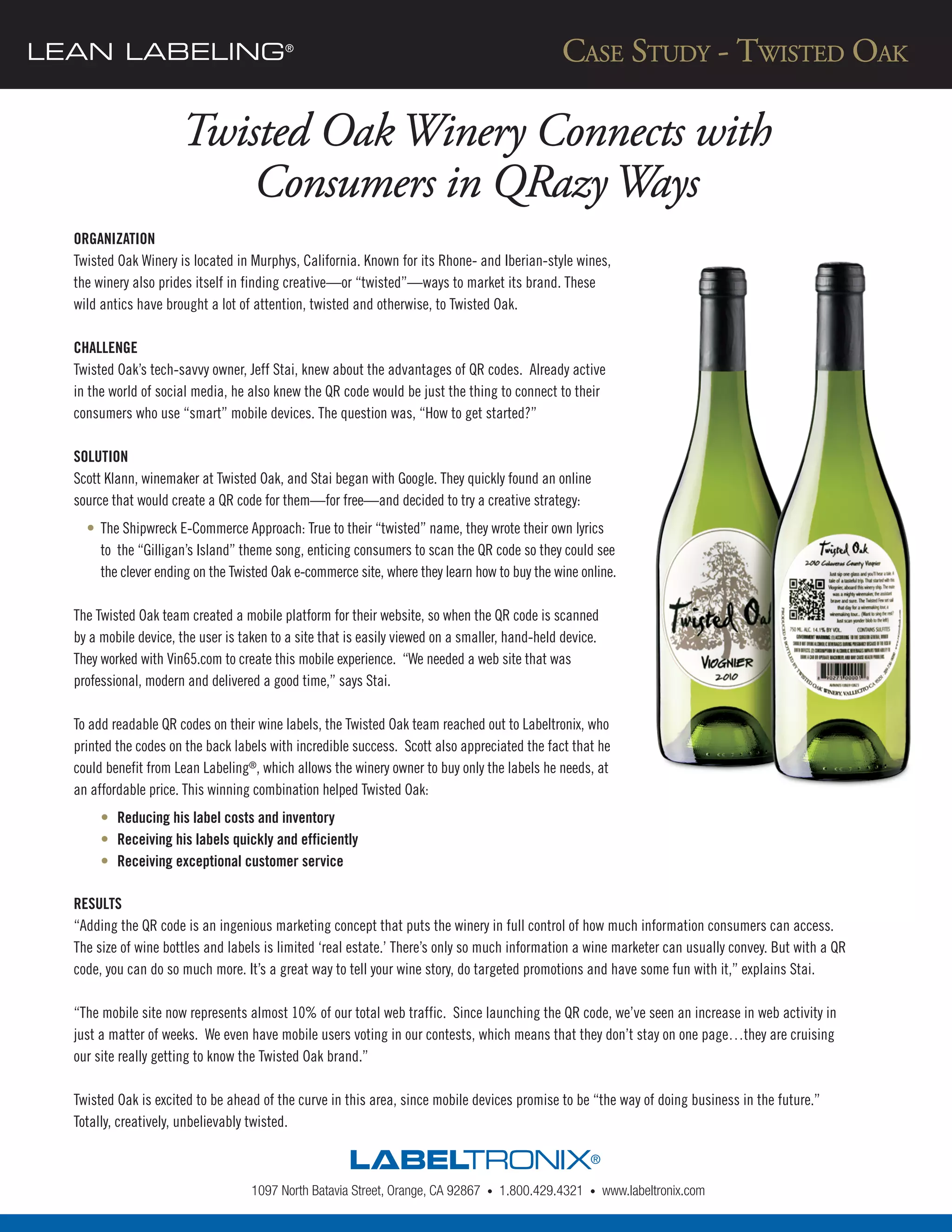 Labeltronix helps Twisted Oak Winery with QR Codes on Back Labels PDF