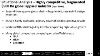 Situational Analysis – Highly competitive, fragmented
$900 Bn global apparel industry (Year 2000)
• Buyer-driven apparel global chain – fragmented, research & design
important
• ZARA is highly profitable; primary driver of Inditex’s positive results
• Inditex (ZARA) challenged by investors expecting high future growth
• Many global competitors competing on price/fashion (ex. 1)
• GAP
• H&M
• Benetton
4Agenda
Executive
Summary
Situation
Analysis
Core Issue
Recommend
ations
Risks &
Mitigation
Implementa
tion
Rationale
 