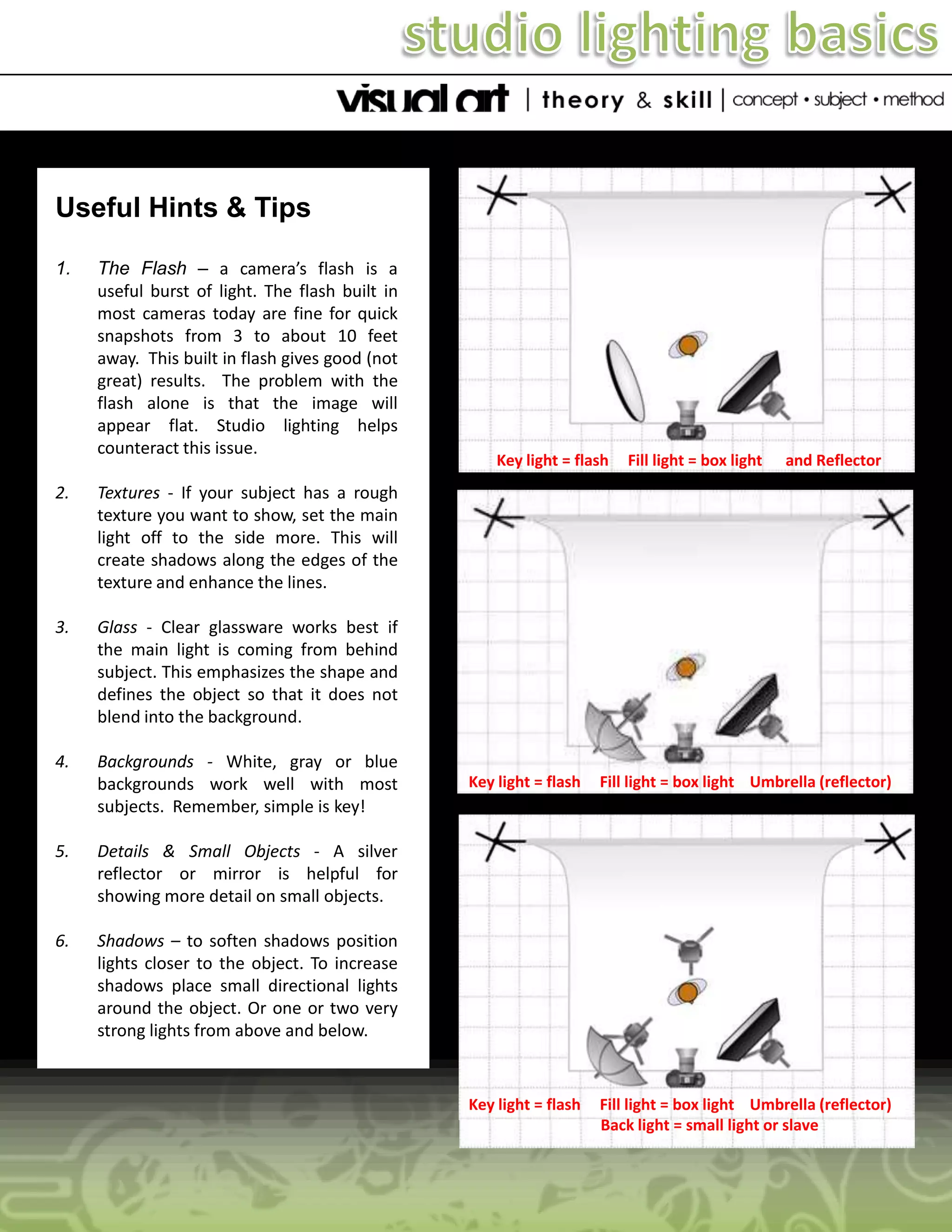 Useful Hints & Tips
1.

The Flash – a camera’s flash is a
useful burst of light. The flash built in
most cameras today are fine for quick
snapshots from 3 to about 10 feet
away. This built in flash gives good (not
great) results. The problem with the
flash alone is that the image will
appear flat. Studio lighting helps
counteract this issue.

2.

Backgrounds - White, gray or blue
backgrounds work well with most
subjects. Remember, simple is key!

and Reflector

Glass - Clear glassware works best if
the main light is coming from behind
subject. This emphasizes the shape and
defines the object so that it does not
blend into the background.

4.

Fill light = box light

Textures - If your subject has a rough
texture you want to show, set the main
light off to the side more. This will
create shadows along the edges of the
texture and enhance the lines.

3.

Key light = flash

5.

Fill light = box light Umbrella (reflector)

Key light = flash

Fill light = box light Umbrella (reflector)
Back light = small light or slave

Details & Small Objects - A silver
reflector or mirror is helpful for
showing more detail on small objects.

6.

Key light = flash

Shadows – to soften shadows position
lights closer to the object. To increase
shadows place small directional lights
around the object. Or one or two very
strong lights from above and below.

 
