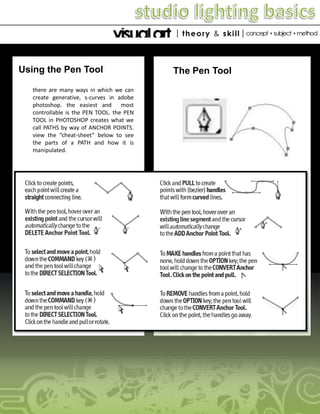 Using the Pen Tool
there are many ways in which we can
create generative, s-curves in adobe
photoshop. the easiest and most
controllable is the PEN TOOL. the PEN
TOOL in PHOTOSHOP creates what we
call PATHS by way of ANCHOR POINTS.
view the “cheat-sheet” below to see
the parts of a PATH and how it is
manipulated.

The Pen Tool

 